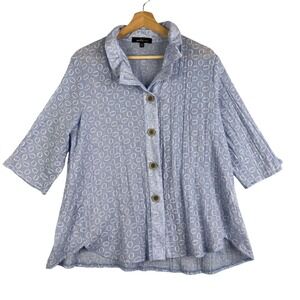 Yushi Blouse S 1/2 sleeve Blue Geometric‎ print Button Up Shirt Top Lagenlook